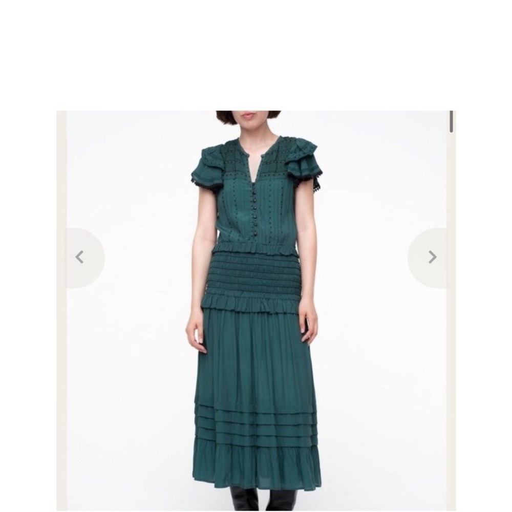 Sea New York Flutter Sleeve‎ Lace-Trim Azzedine Emerald Smoked Midi Dress Size 4